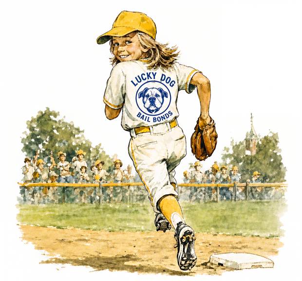 Illustration of a kid rounding a base in a jersey sponsored by a fictional business, Lucky Dog Bail Bonds